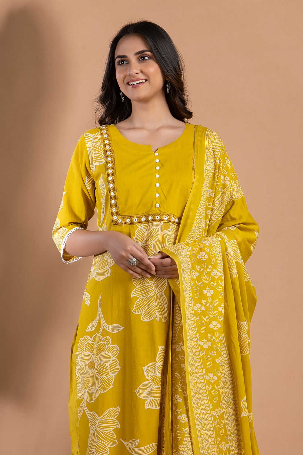 Yellow Green Embroidered Kurta With Pant & Dupatta