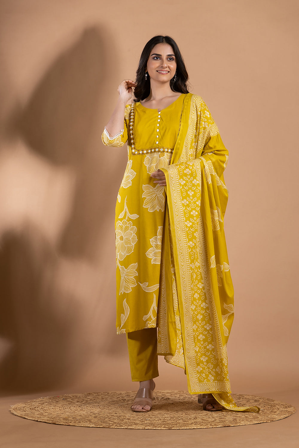 Yellow Green Embroidered Kurta With Pant & Dupatta