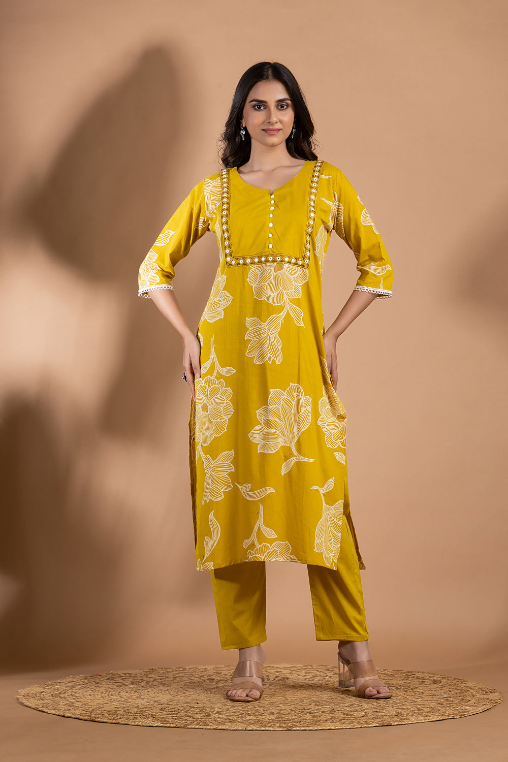 Yellow Green Embroidered Kurta With Pant & Dupatta