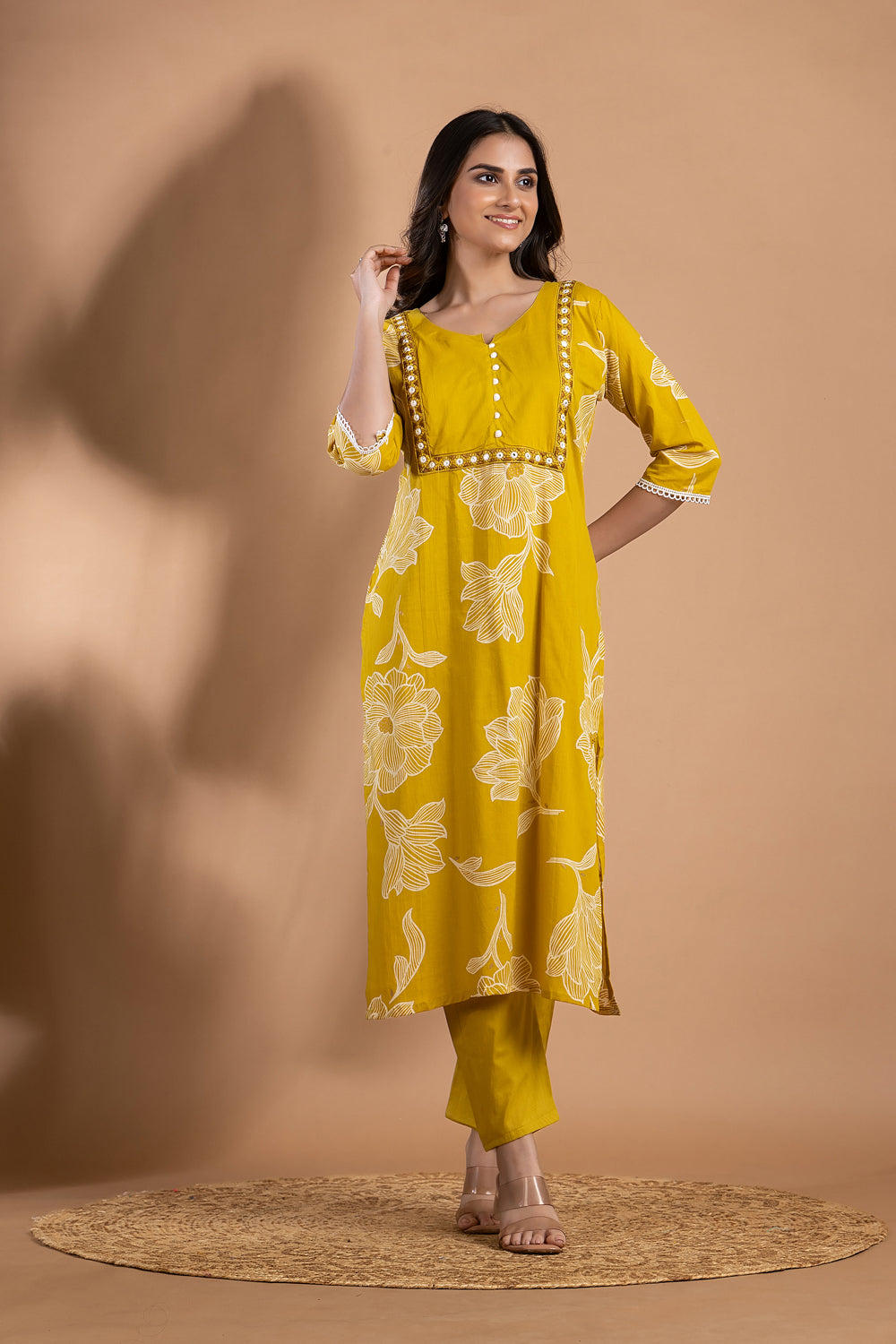 Yellow Green Embroidered Kurta With Pant & Dupatta