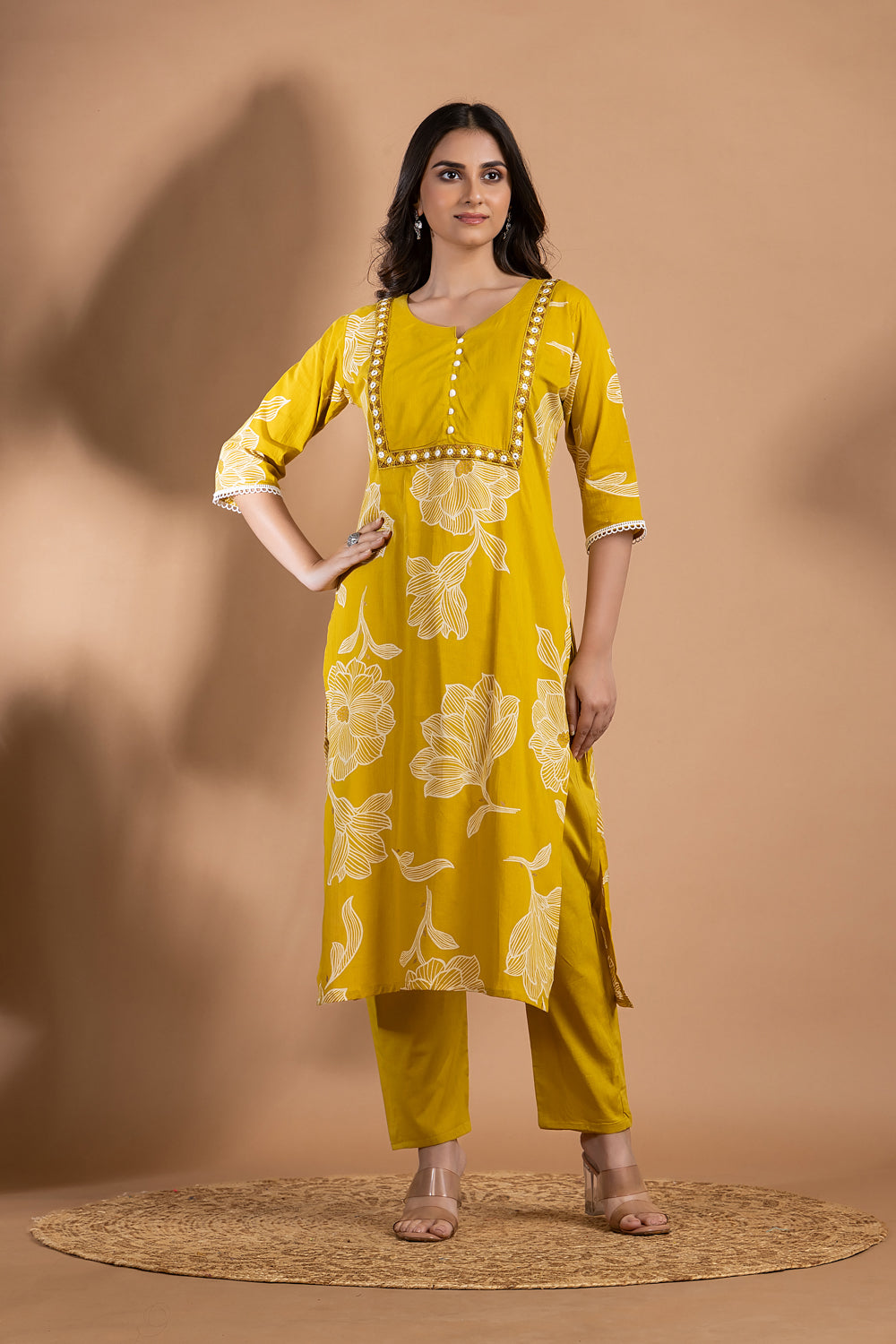 Yellow Green Embroidered Kurta With Pant & Dupatta