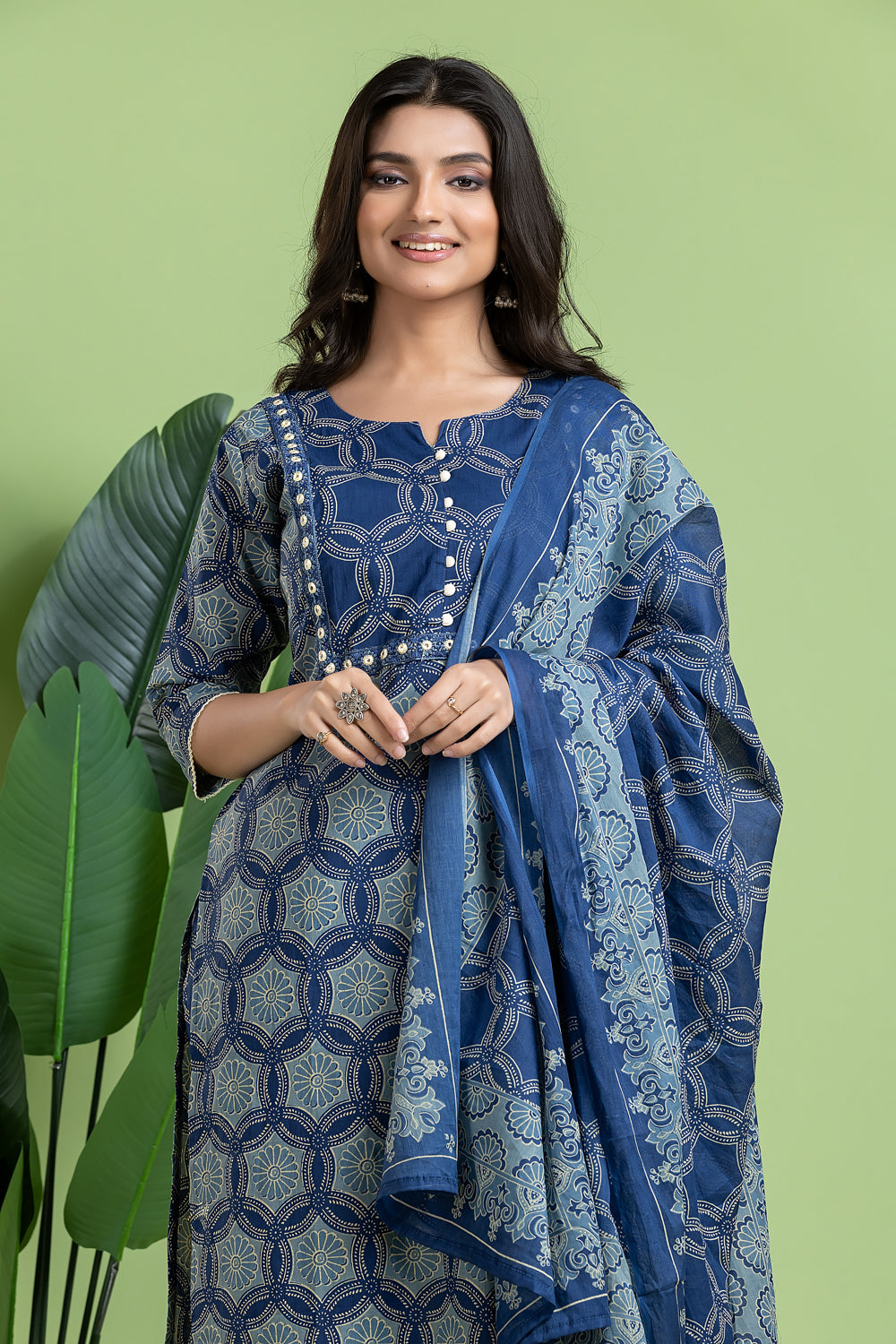 Navy Blue Embroidered Kurta With Pant & Dupatta