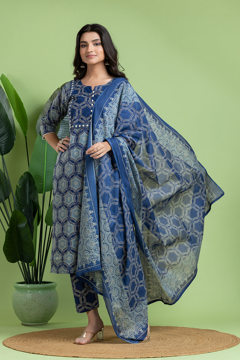 Navy Blue Embroidered Kurta With Pant & Dupatta