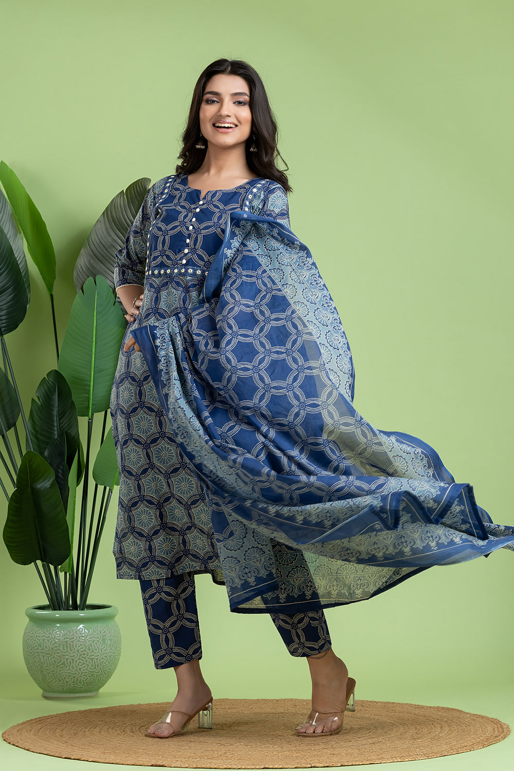 Navy Blue Embroidered Kurta With Pant & Dupatta