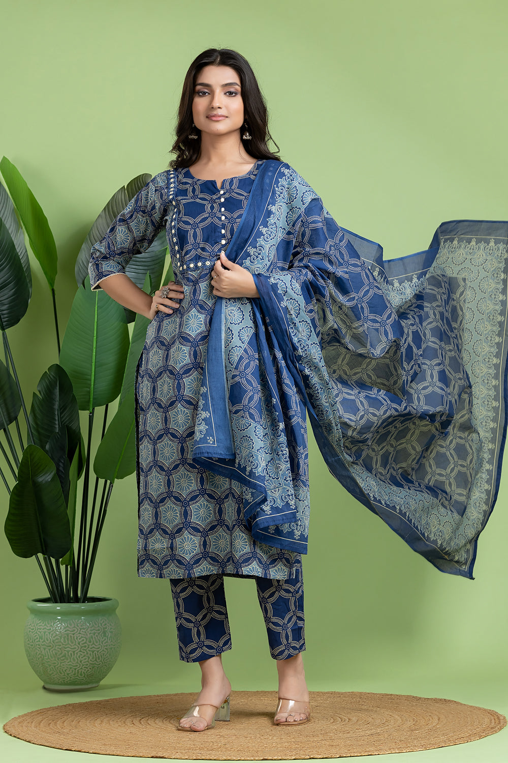 Navy Blue Embroidered Kurta With Pant & Dupatta