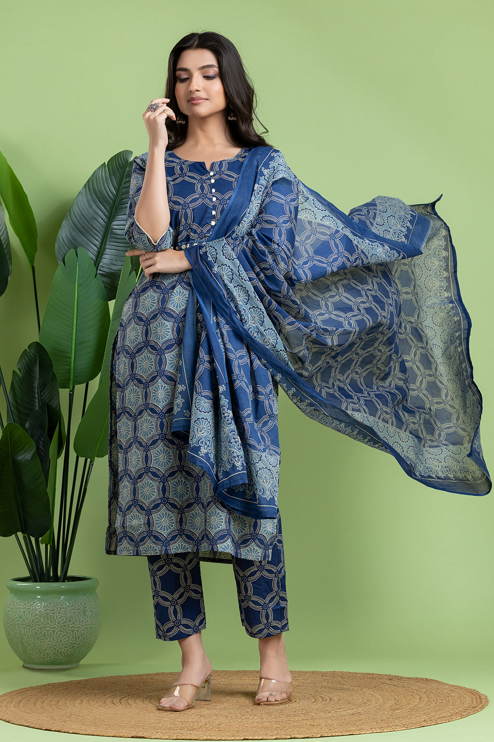 Navy Blue Embroidered Kurta With Pant & Dupatta