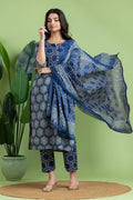 Navy Blue Embroidered Kurta With Pant & Dupatta