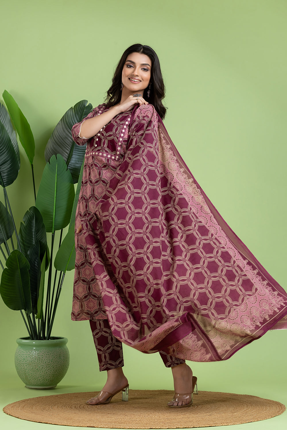 Purple & Pink Embroidered Kurta With Pant & Dupatta