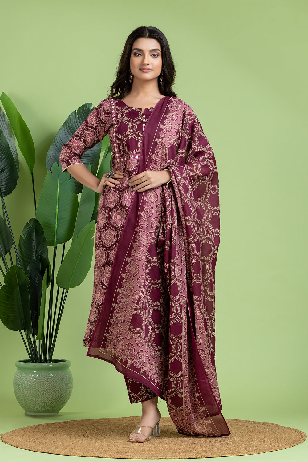 Purple & Pink Embroidered Kurta With Pant & Dupatta