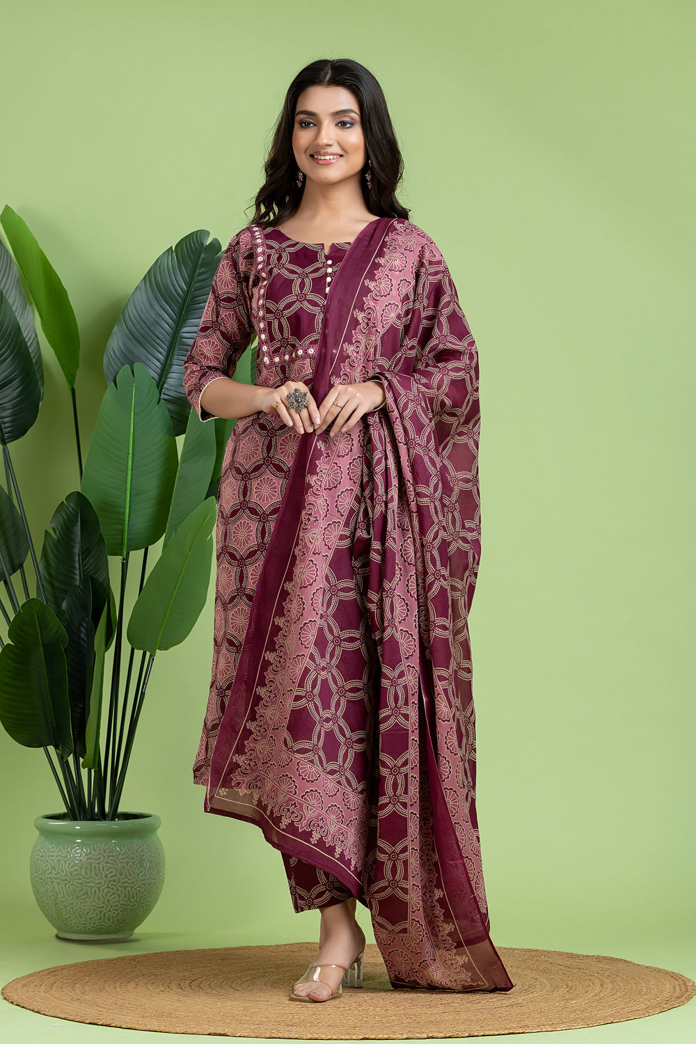 Purple & Pink Embroidered Kurta With Pant & Dupatta