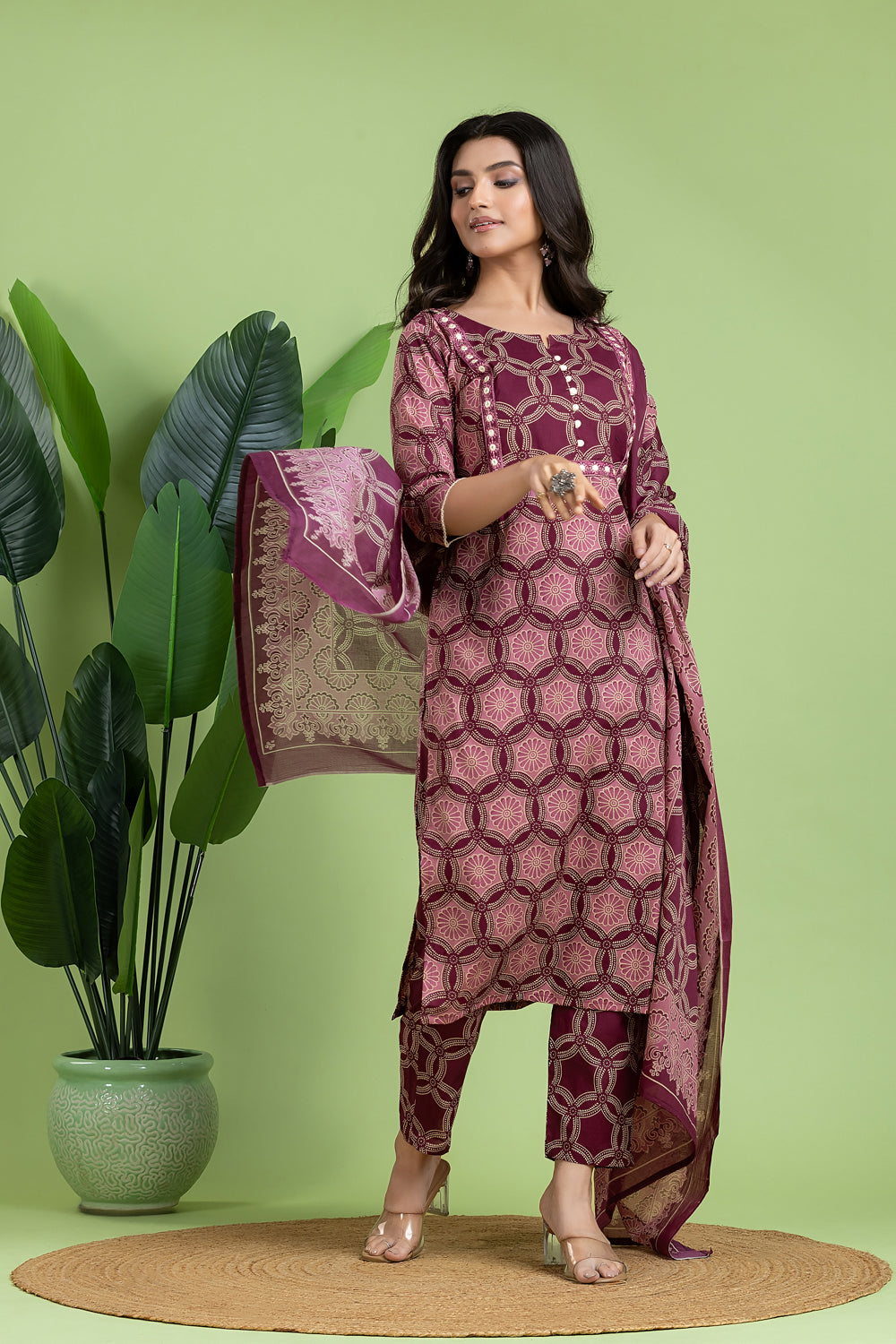 Purple & Pink Embroidered Kurta With Pant & Dupatta