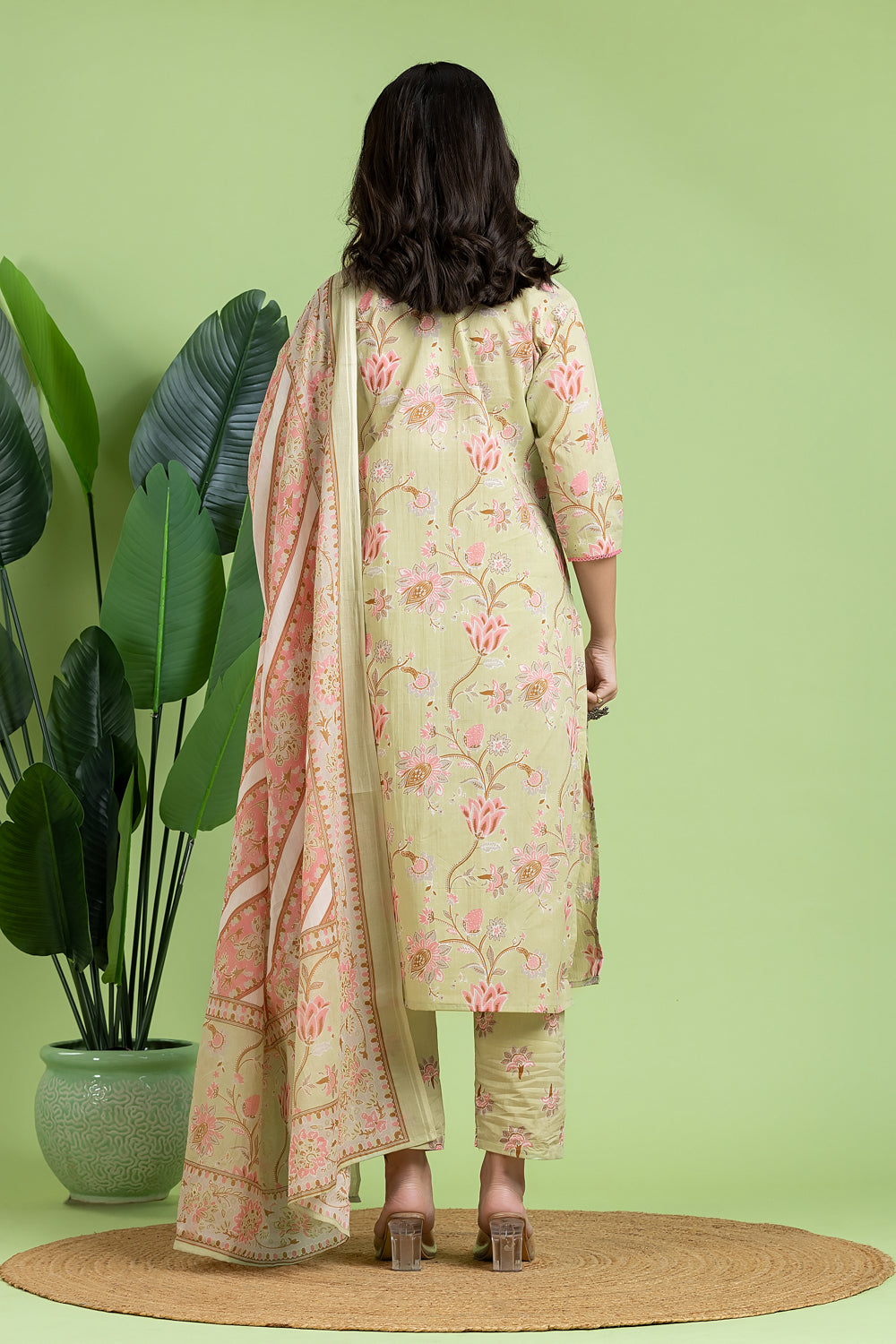 Pista Green & Pink Kurta With Pant & Dupatta