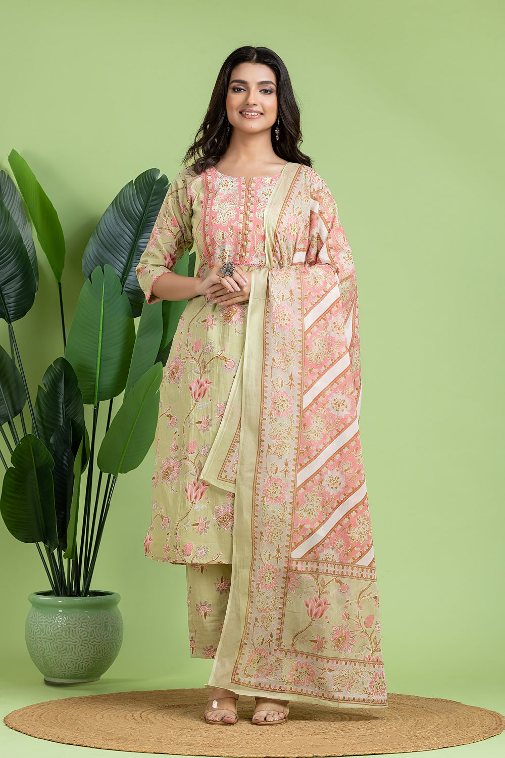 Pista Green & Pink Kurta With Pant & Dupatta