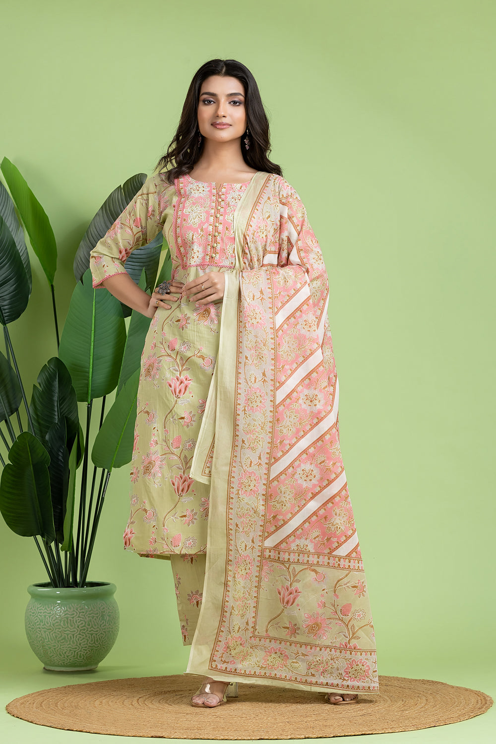 Pista Green & Pink Kurta With Pant & Dupatta