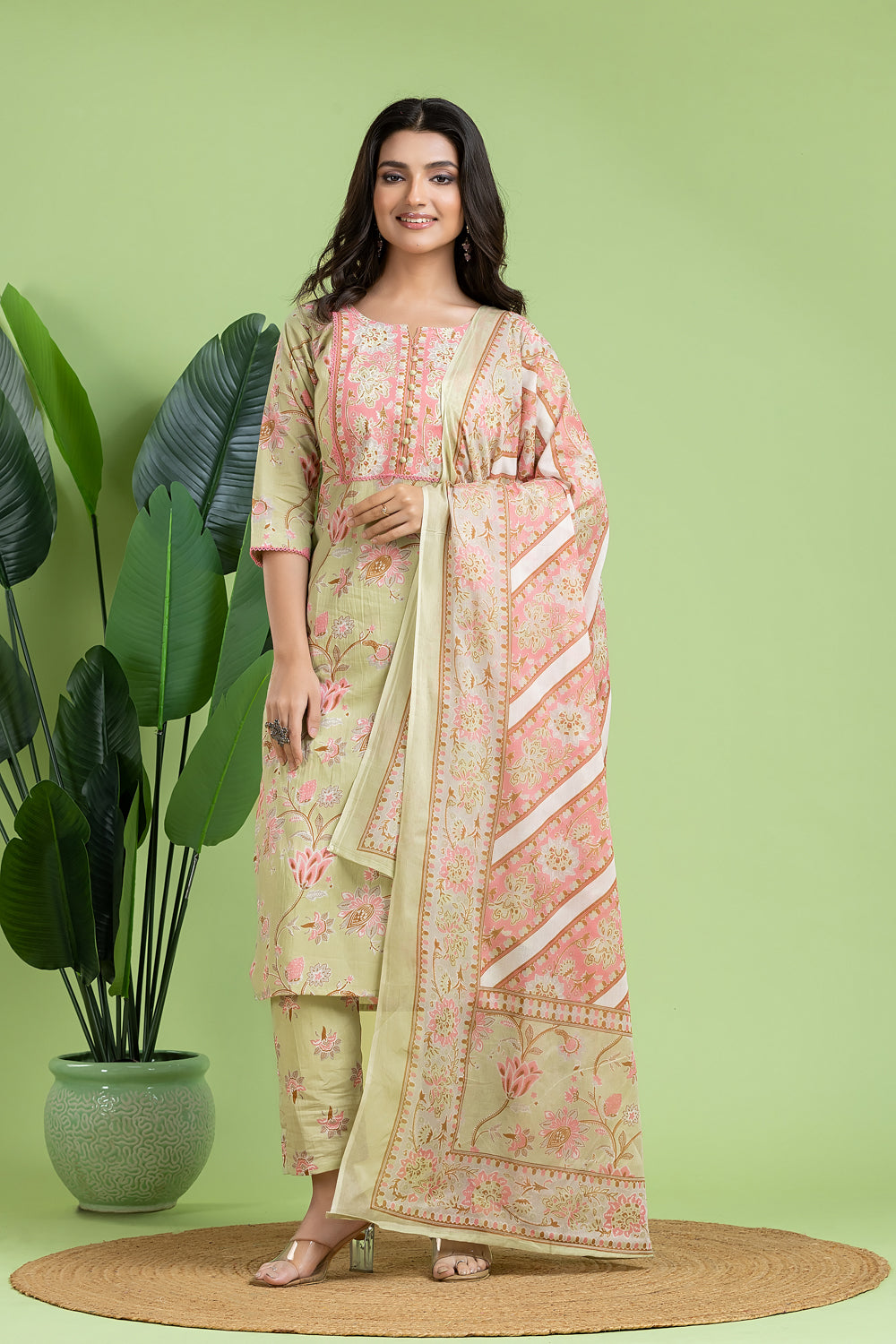 Pista Green & Pink Kurta With Pant & Dupatta