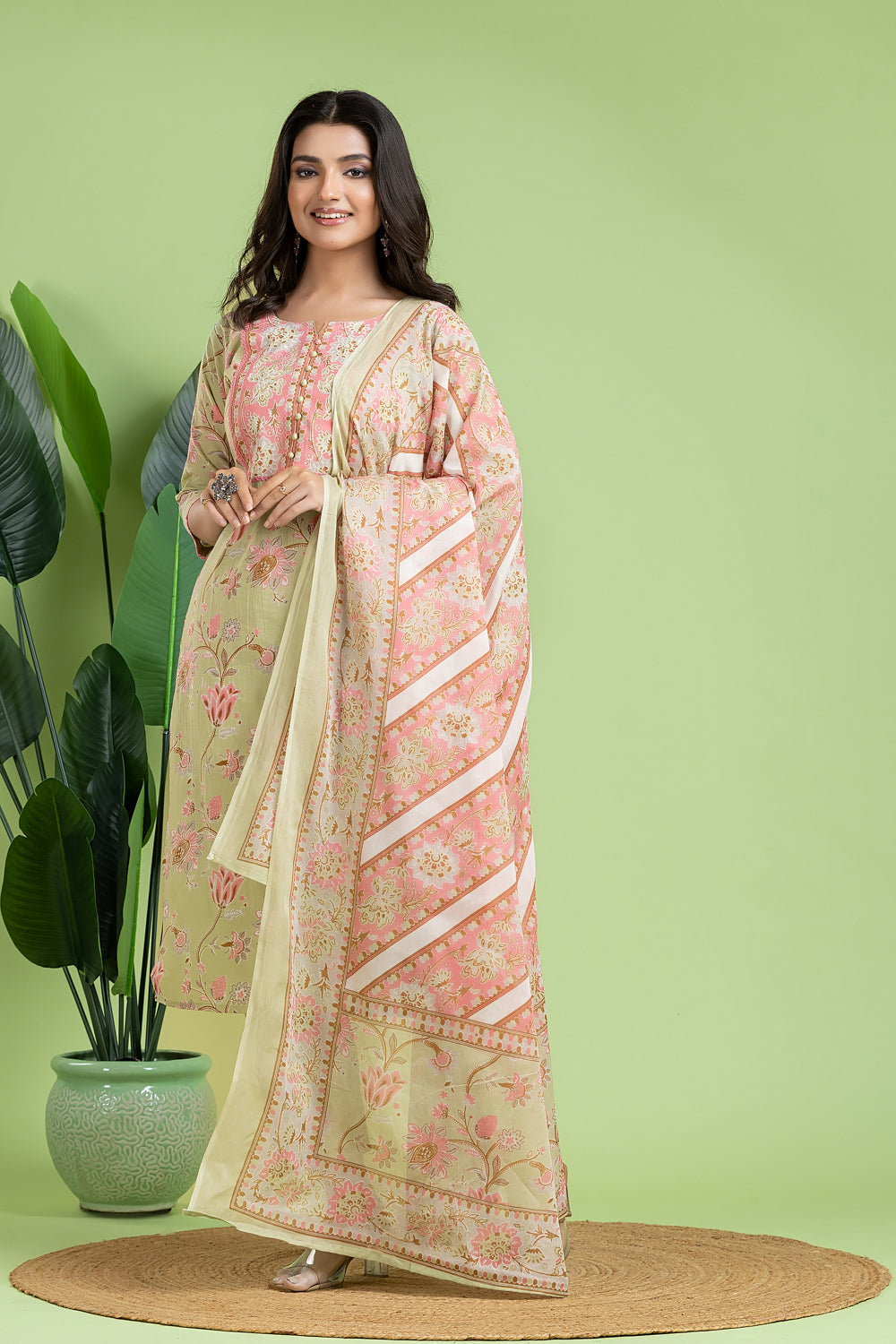 Pista Green & Pink Kurta With Pant & Dupatta