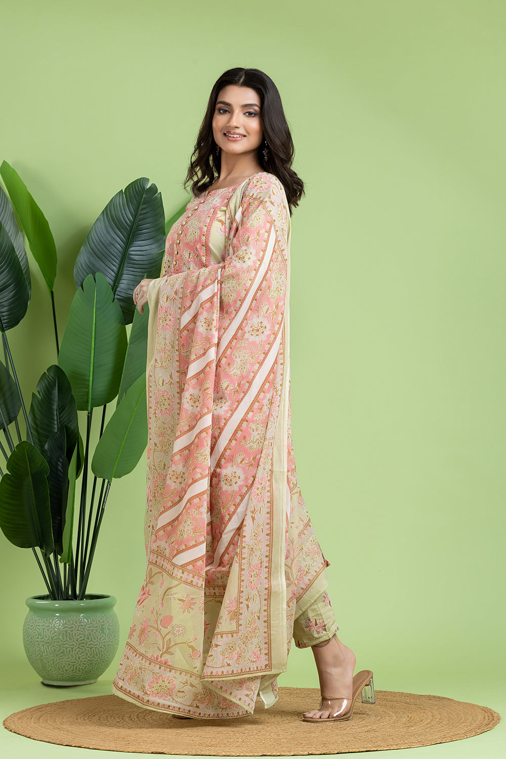 Pista Green & Pink Kurta With Pant & Dupatta