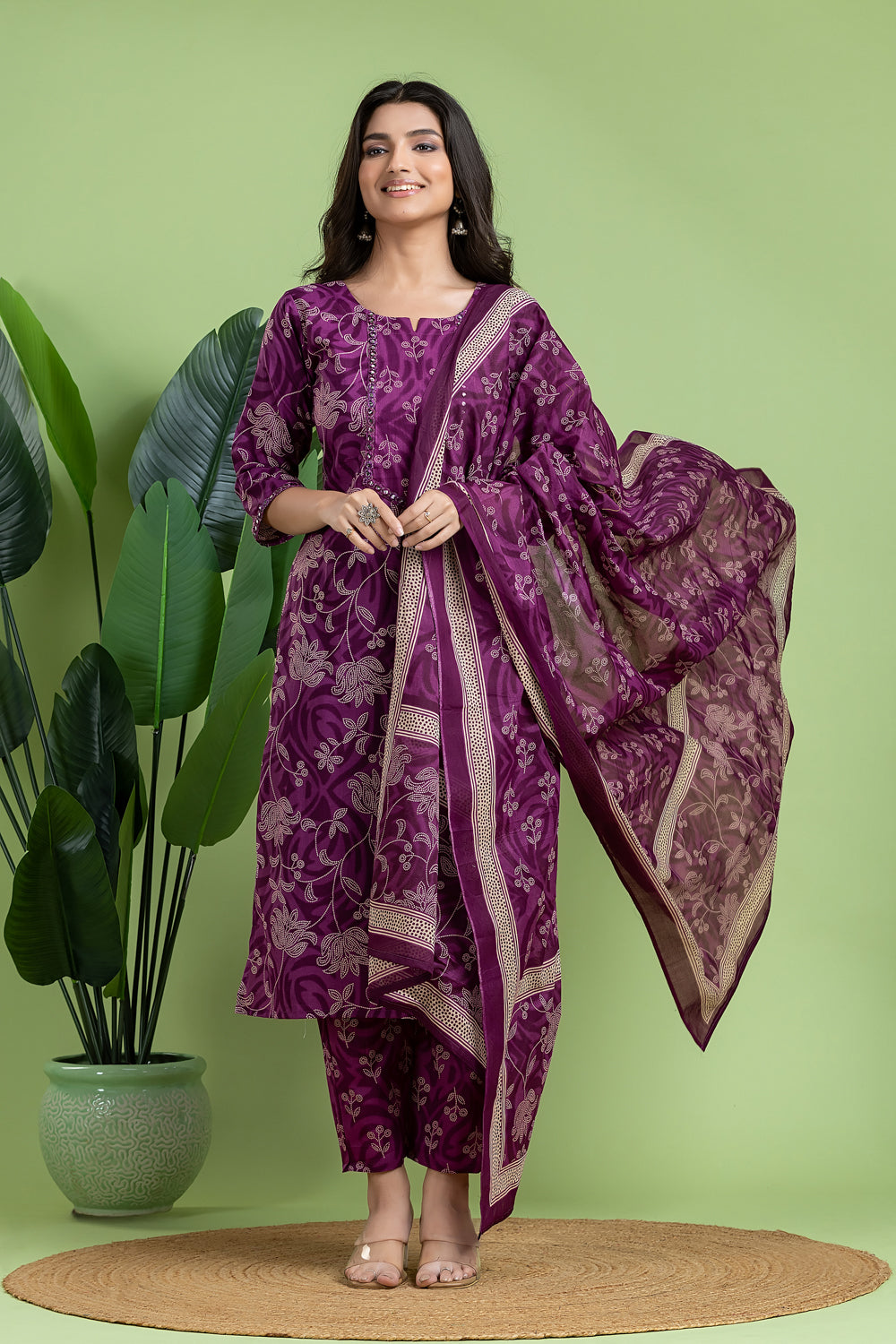 Purple Embroidered Kurta With Pant & Dupatta