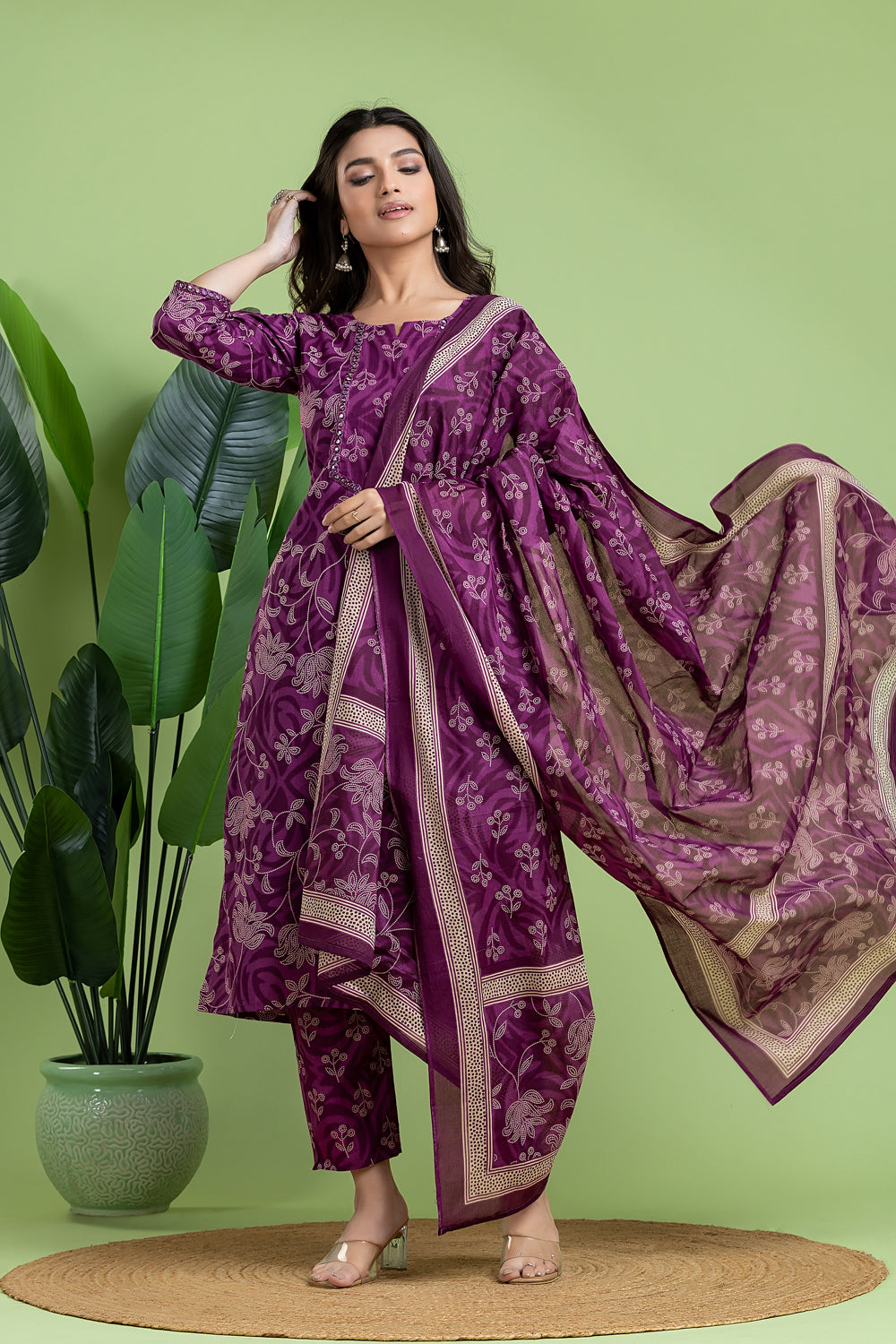 Purple Embroidered Kurta With Pant & Dupatta