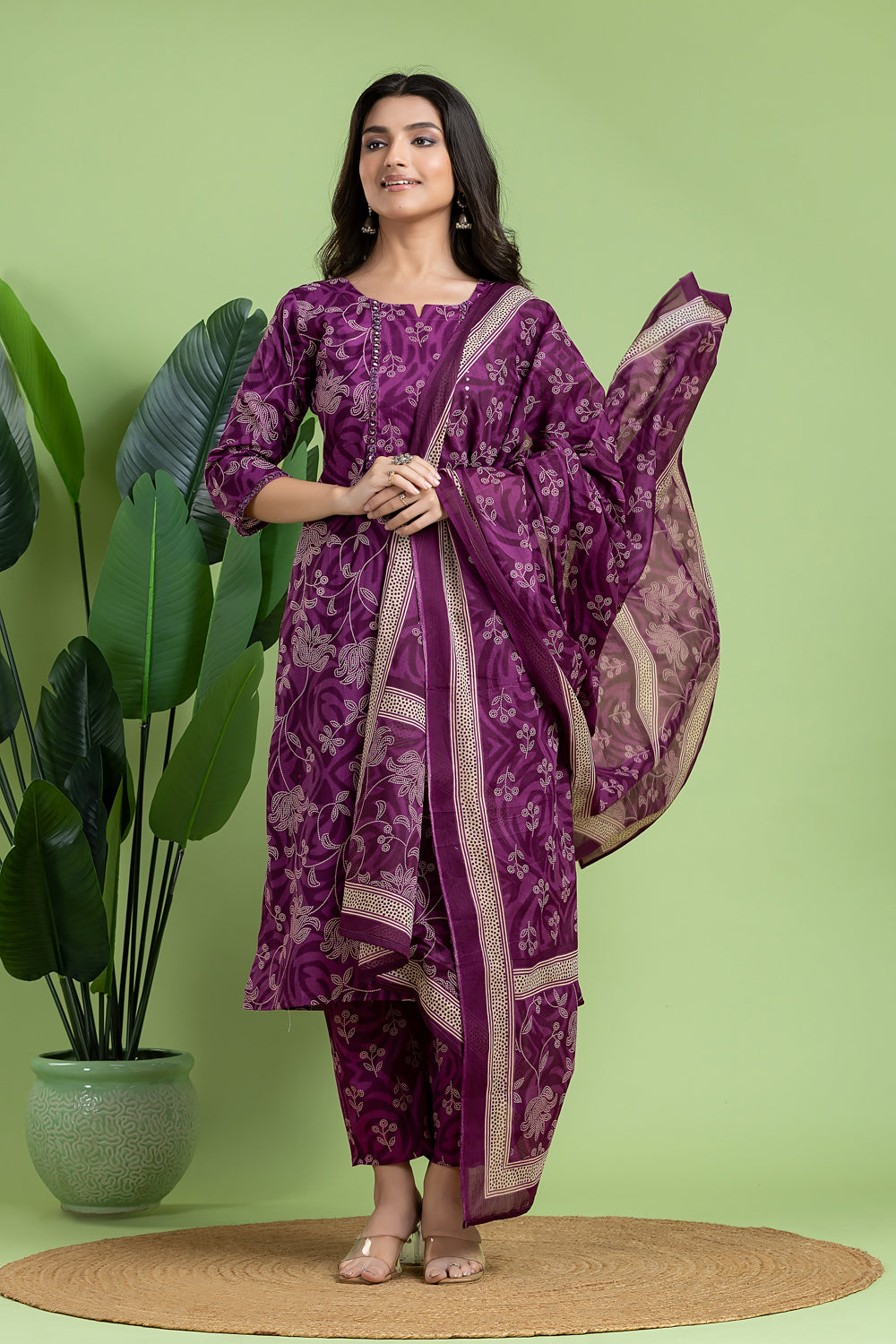 Purple Embroidered Kurta With Pant & Dupatta