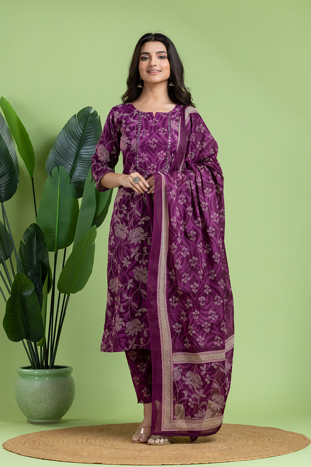 Purple Embroidered Kurta With Pant & Dupatta
