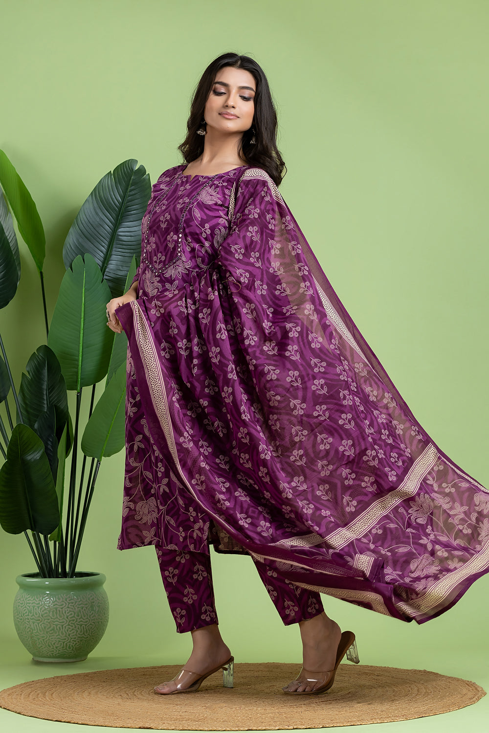 Purple Embroidered Kurta With Pant & Dupatta