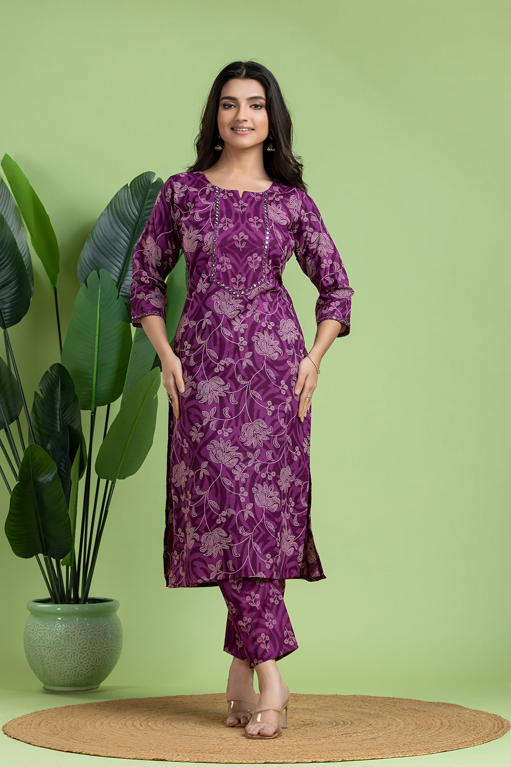 Purple Embroidered Kurta With Pant & Dupatta