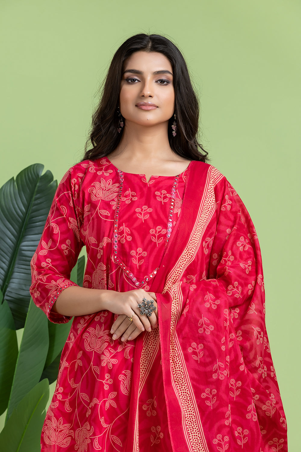 Reddish Pink Embroidered Kurta With Pant & Dupatta