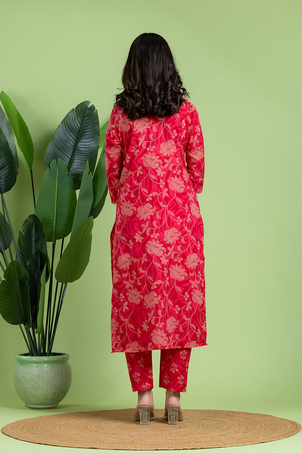 Reddish Pink Embroidered Kurta With Pant & Dupatta