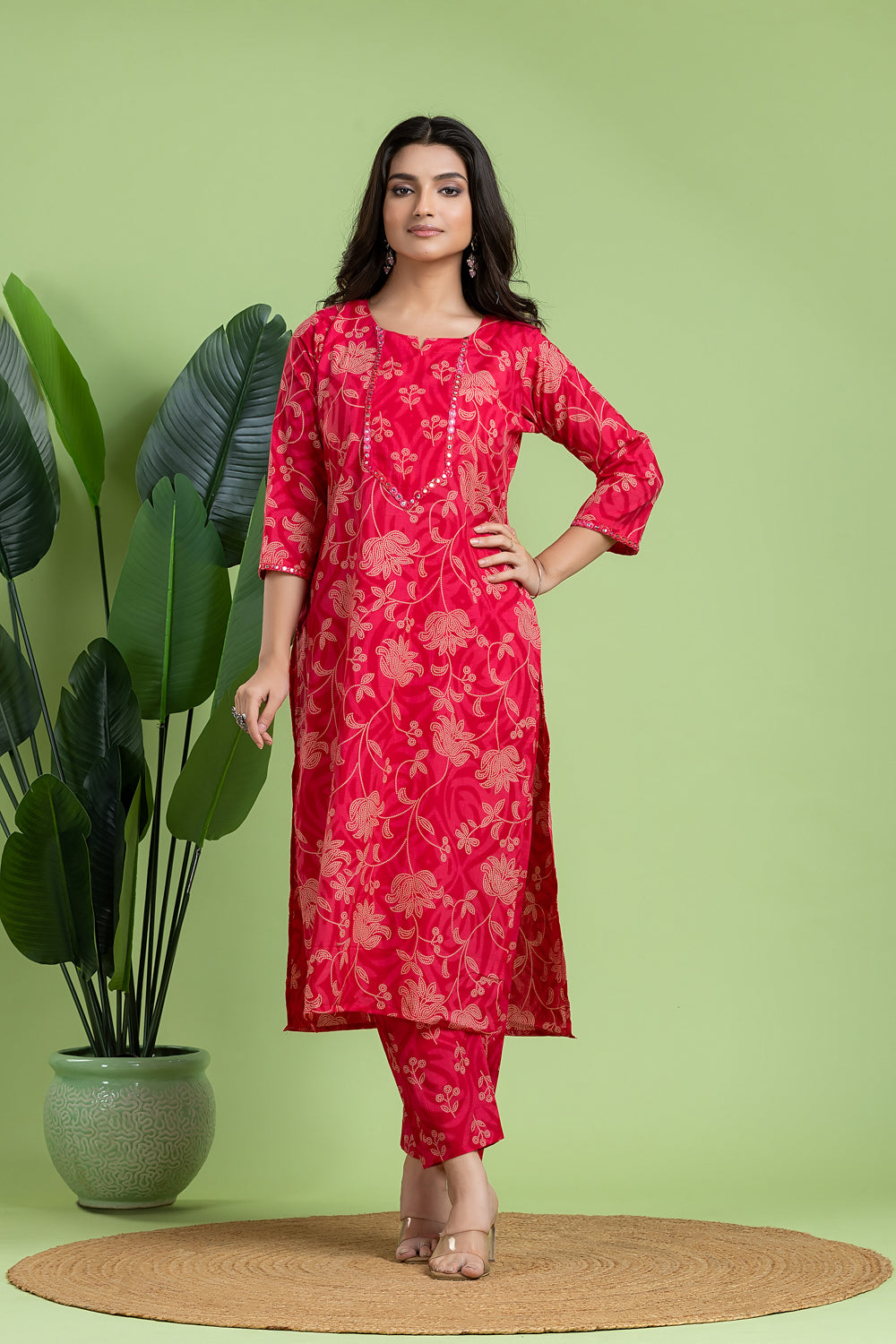 Reddish Pink Embroidered Kurta With Pant & Dupatta