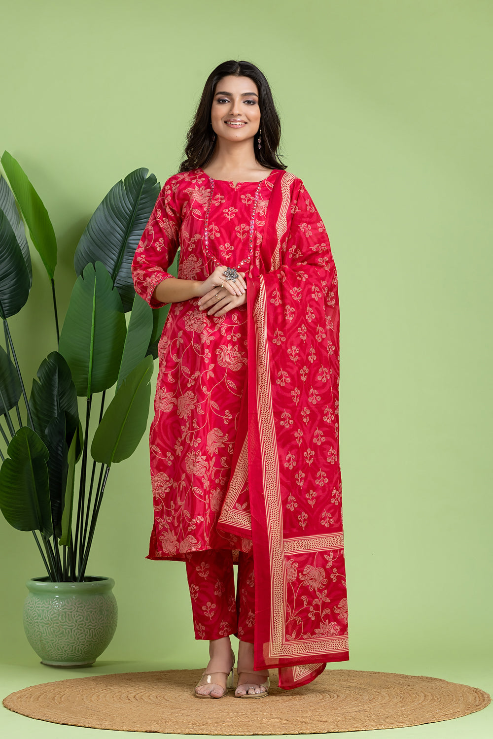 Reddish Pink Embroidered Kurta With Pant & Dupatta