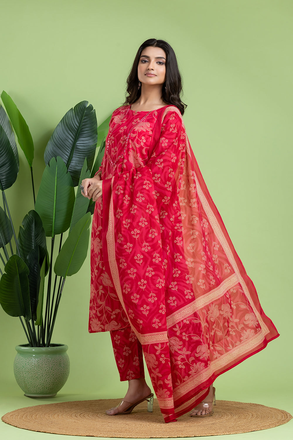 Reddish Pink Embroidered Kurta With Pant & Dupatta