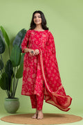 Reddish Pink Embroidered Kurta With Pant & Dupatta