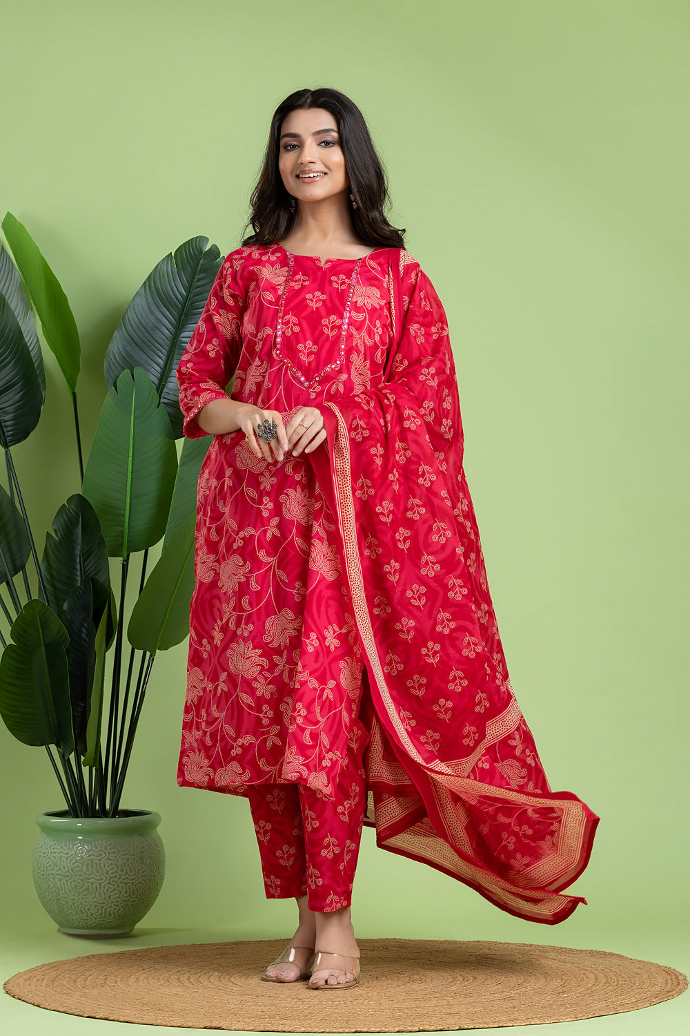 Reddish Pink Embroidered Kurta With Pant & Dupatta