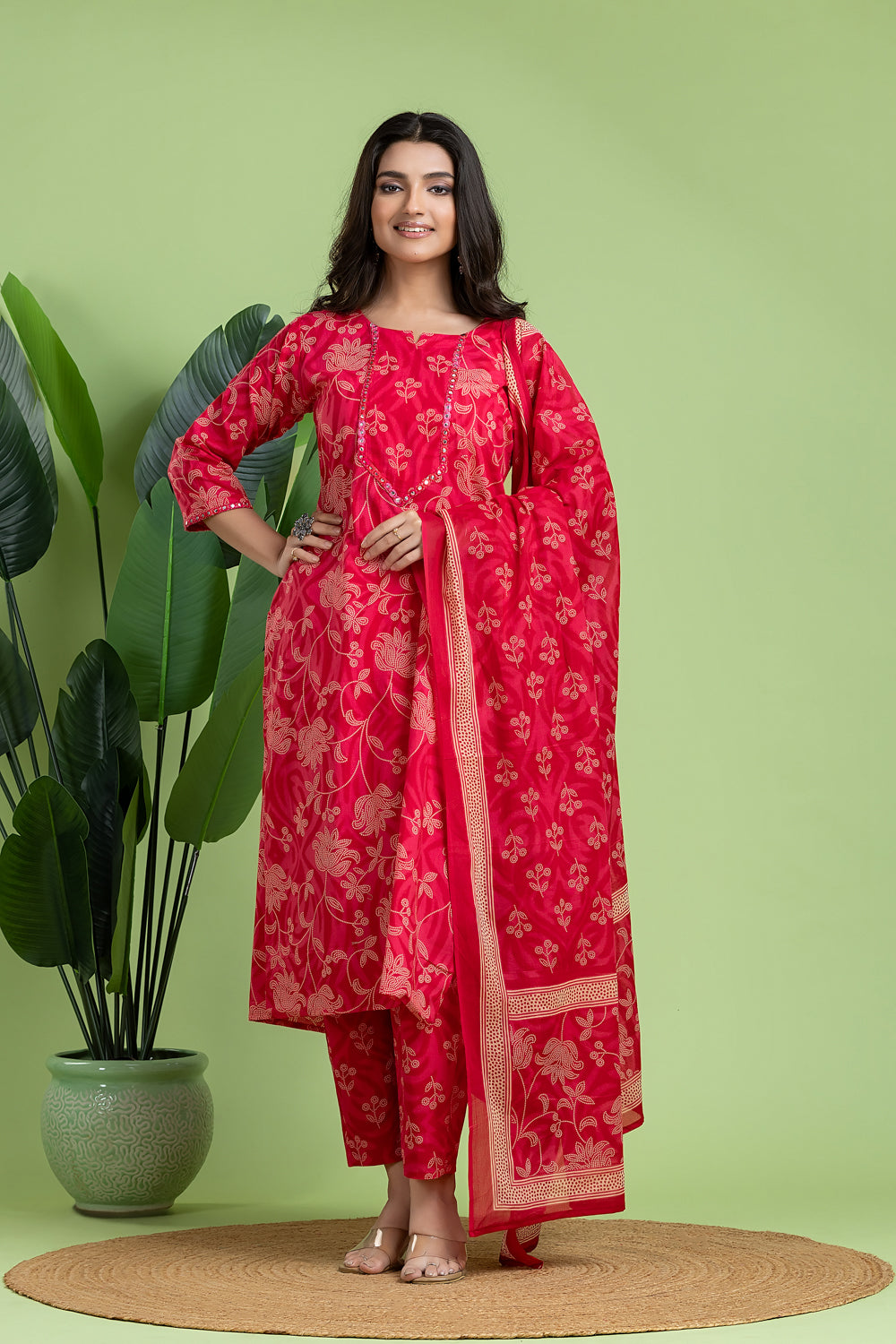 Reddish Pink Embroidered Kurta With Pant & Dupatta