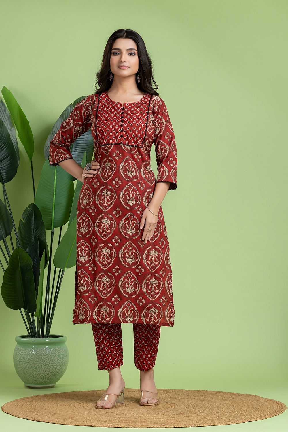 Maroon & Black Floral Print Kurta With Pant & Dupatta