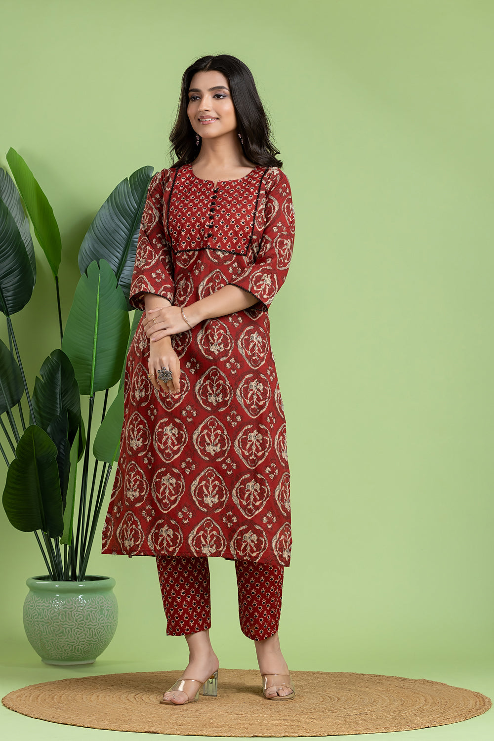 Maroon & Black Floral Print Kurta With Pant & Dupatta