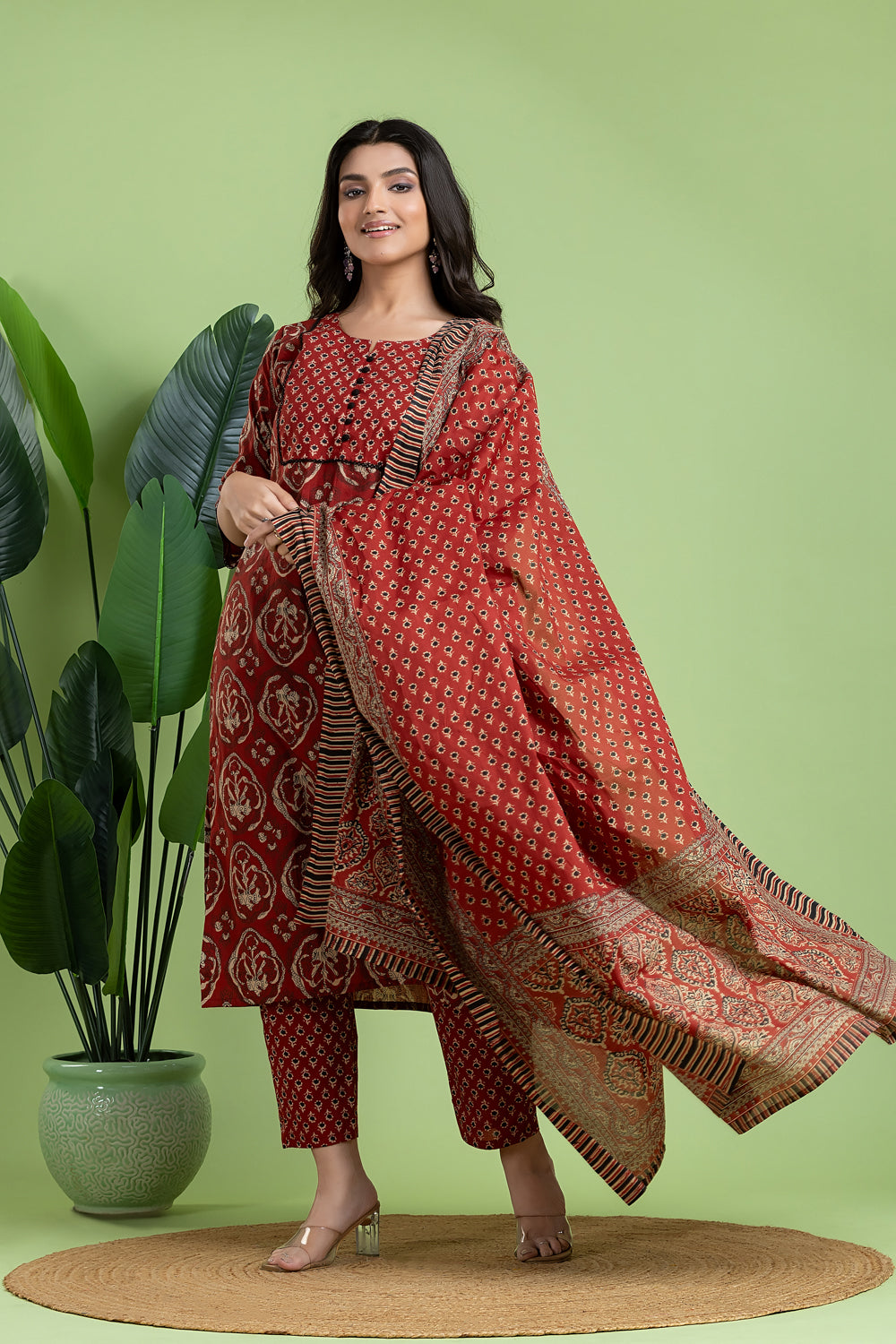 Maroon & Black Floral Print Kurta With Pant & Dupatta