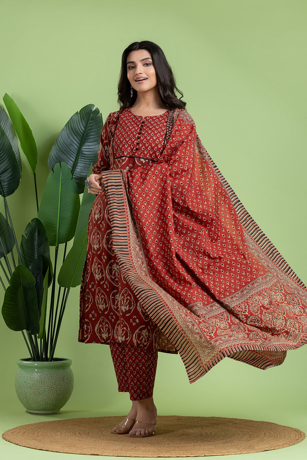 Maroon & Black Floral Print Kurta With Pant & Dupatta