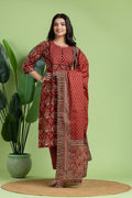 Maroon & Black Floral Print Kurta With Pant & Dupatta