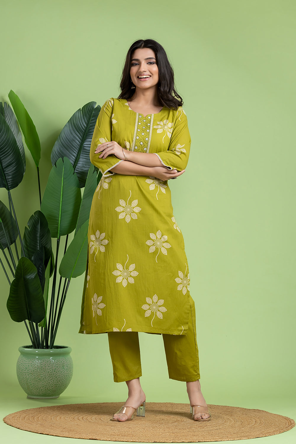 Apple Green Embroidered Kurta With Pant & Dupatta
