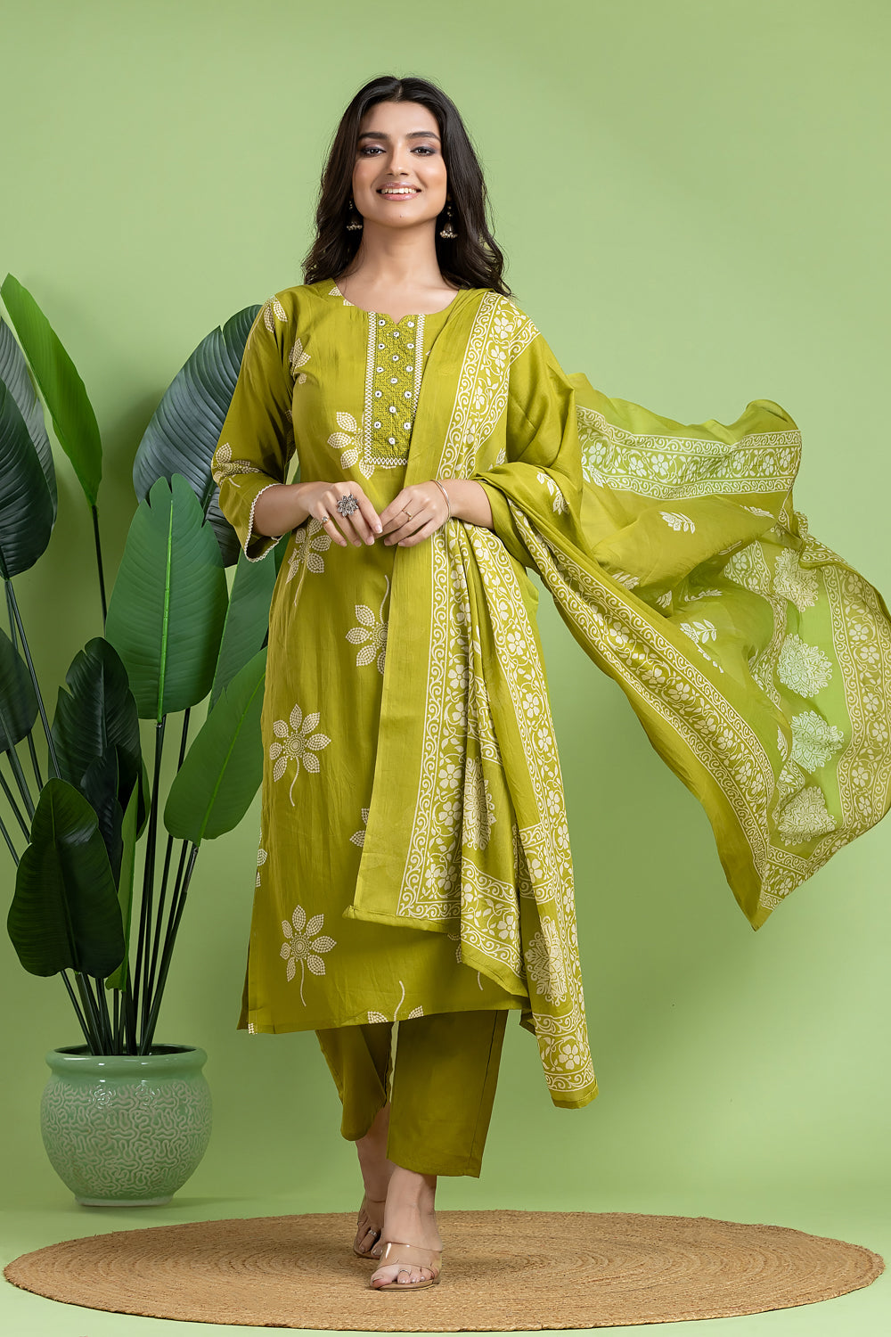 Apple Green Embroidered Kurta With Pant & Dupatta