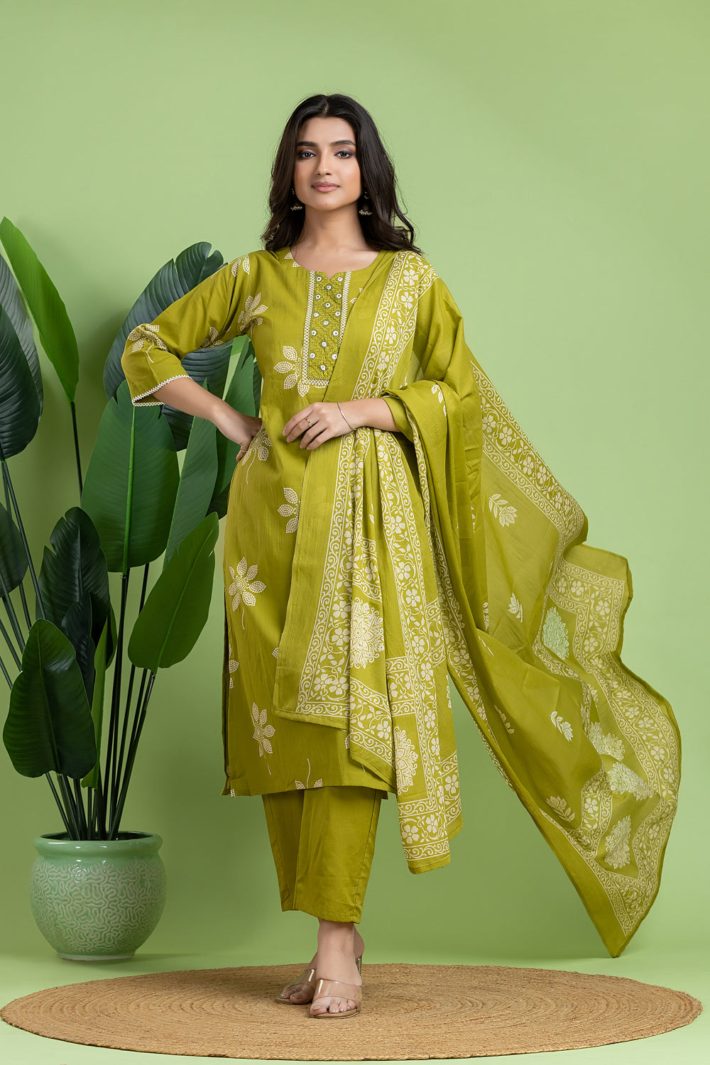 Apple Green Embroidered Kurta With Pant & Dupatta