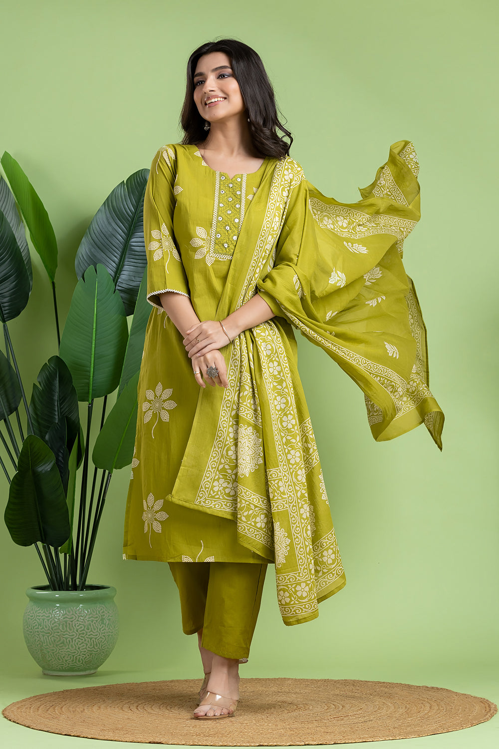 Apple Green Embroidered Kurta With Pant & Dupatta