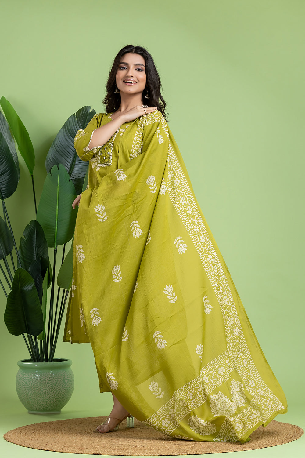 Apple Green Embroidered Kurta With Pant & Dupatta