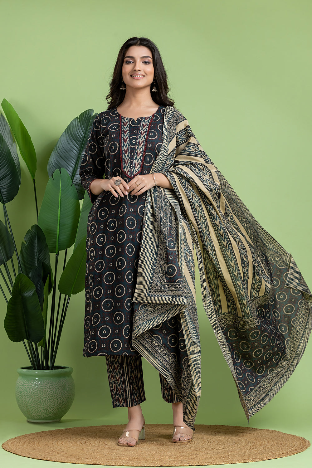 Blue Floral Print Kurta With Pant & Dupatta