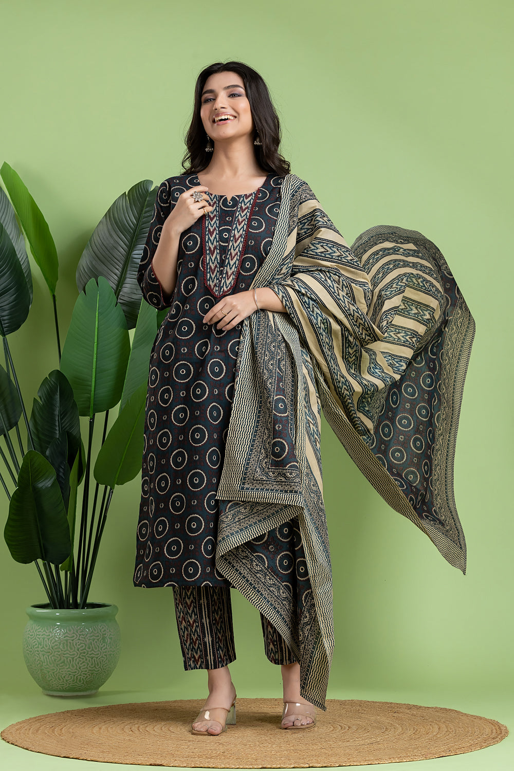 Blue Floral Print Kurta With Pant & Dupatta