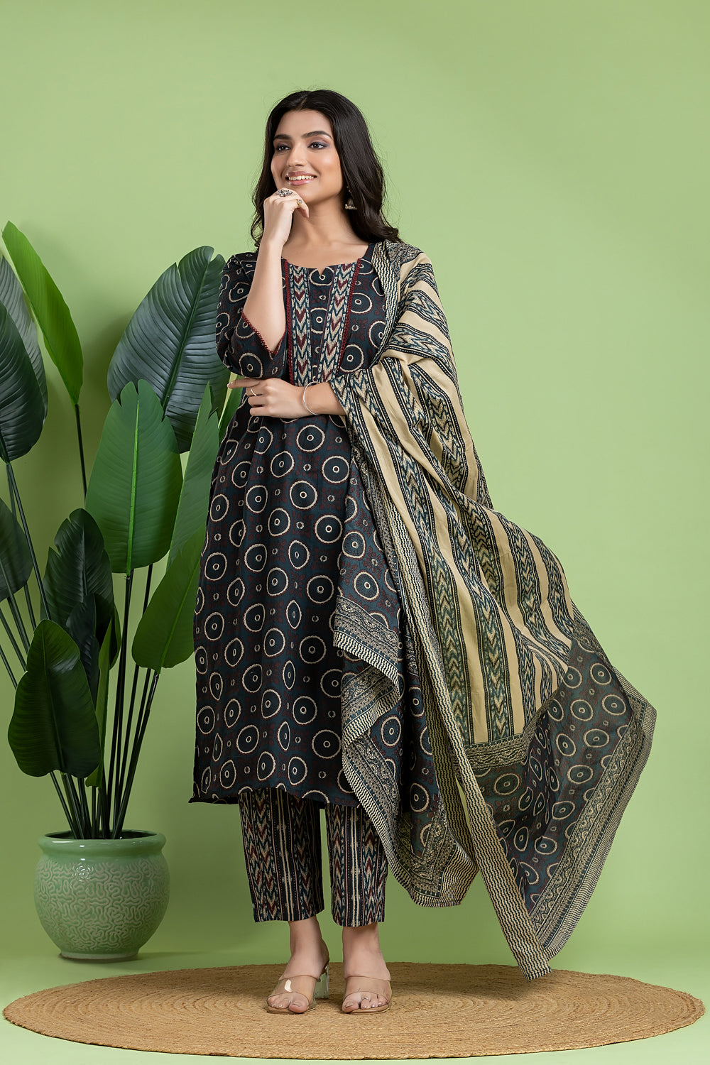 Blue Floral Print Kurta With Pant & Dupatta