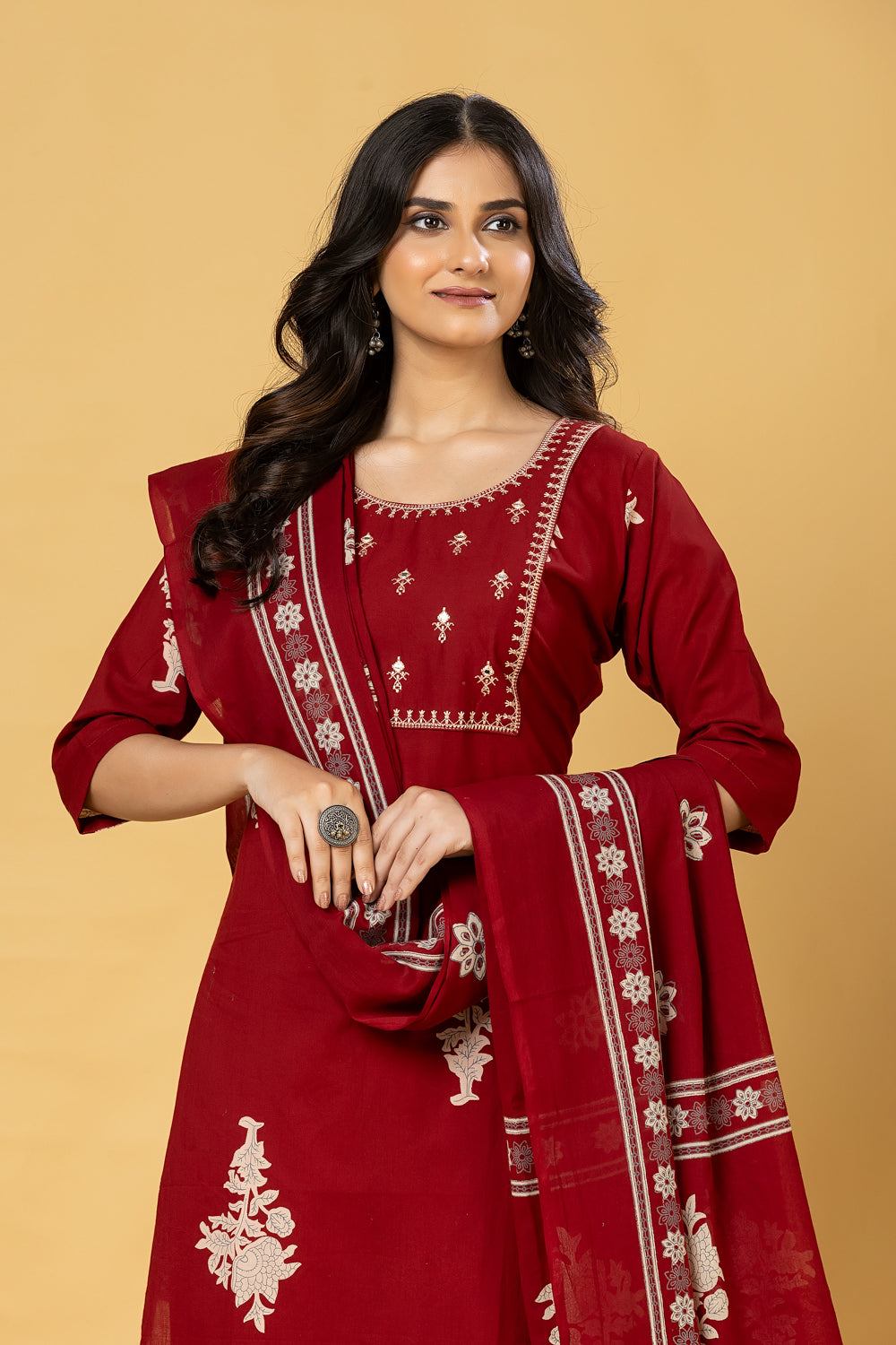 Maroon Embroidered Kurta With Pant & Dupatta