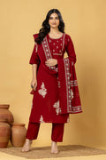 Maroon Embroidered Kurta With Pant & Dupatta